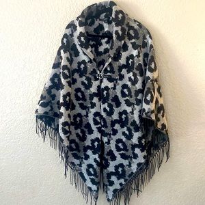 Andrew Marc Gray and Black Leopard Print Shawl with Fringe and Buckle, O…